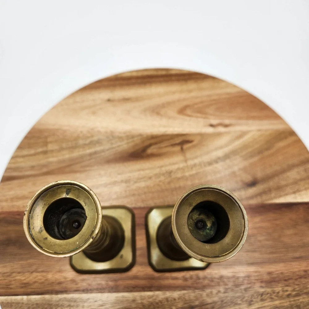 VTG Solid Brass Beehive Candlestick Holders Pair Square Base 6.75